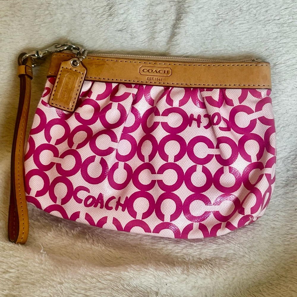 Coach Pink and Tan Patterned Wristlet